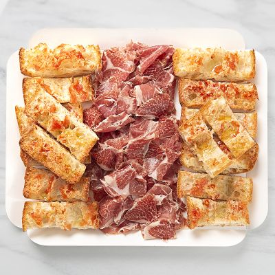 Bandeja pan de cristal con jamón ibérico